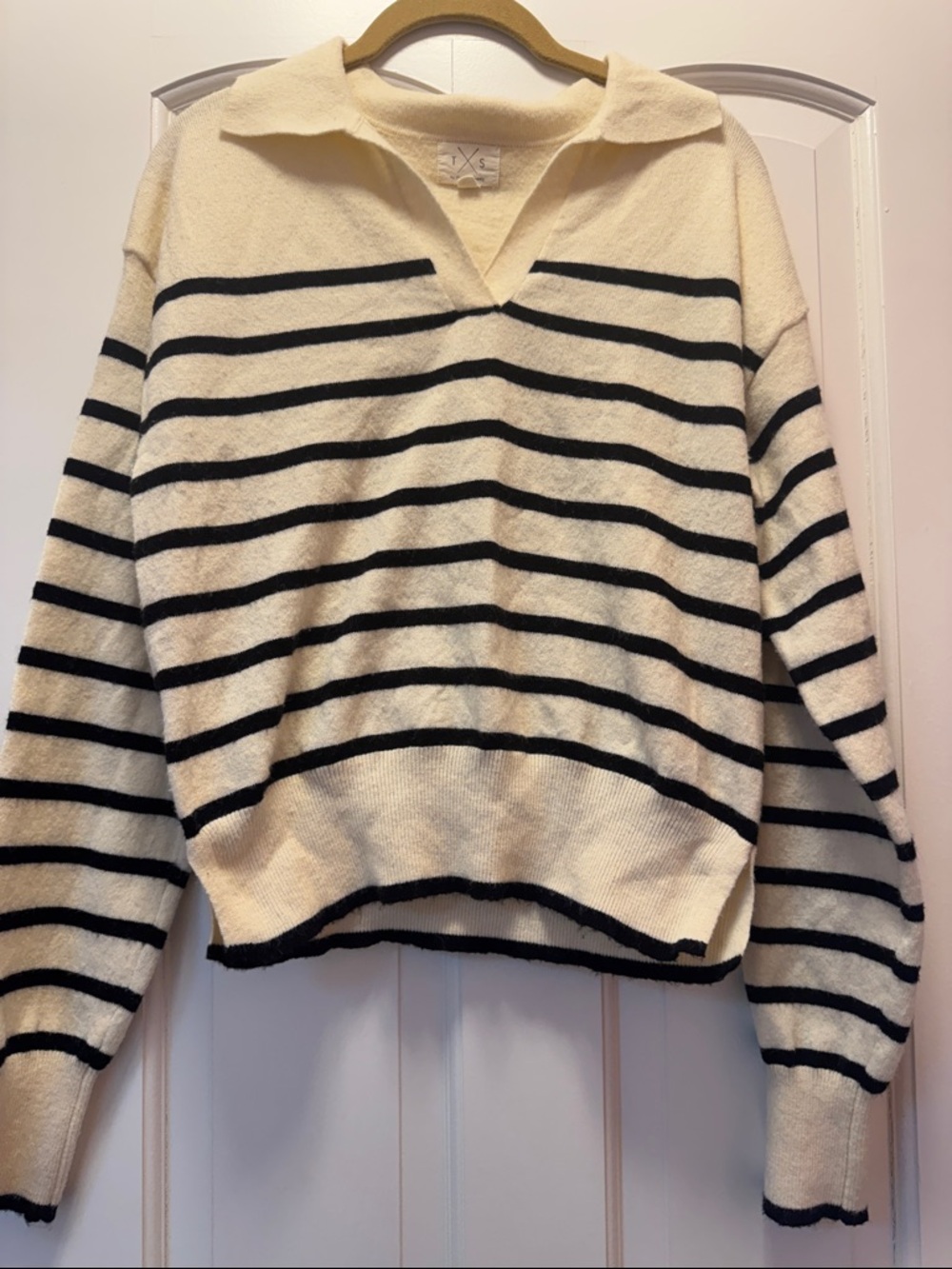 Thread & Supply Cream and Black Striped V‑Neck Collared Sweater